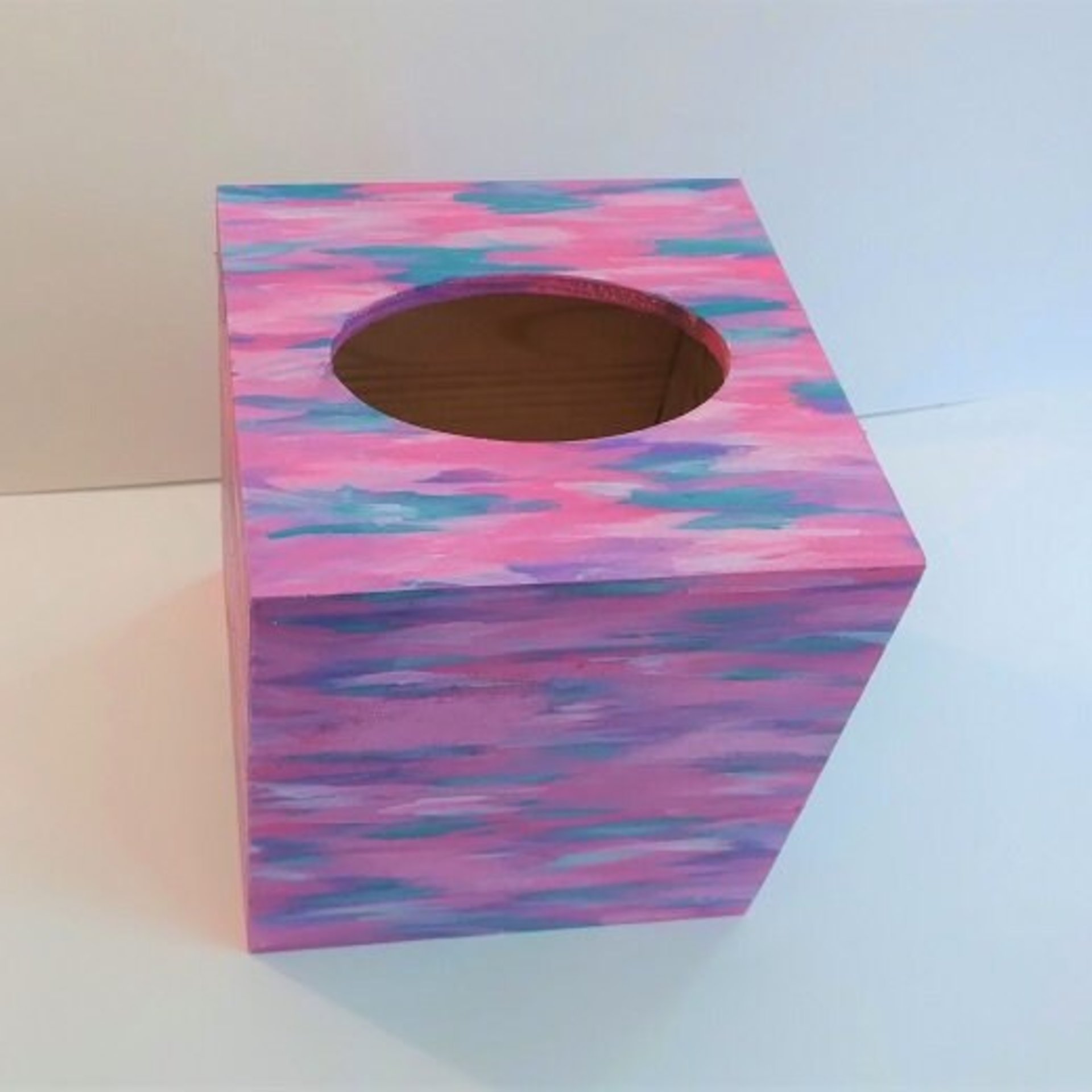 Abstract Tissue Box Cover - Original Handpainted in Shades of Pink,Purple,Teal,One Of A Kind Square Tissue Holder