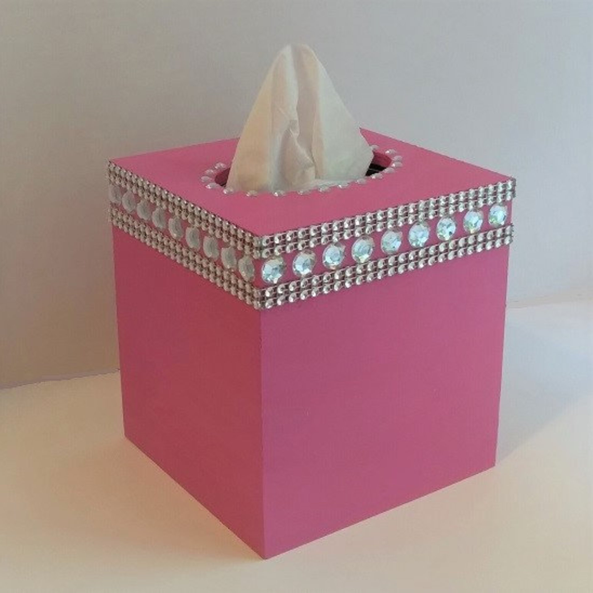 Bling Tissue Box Cover-Handpainted Metallic Silver or Variety of Colors-w/Clear Rhinestones and Silver Diamond Wrap