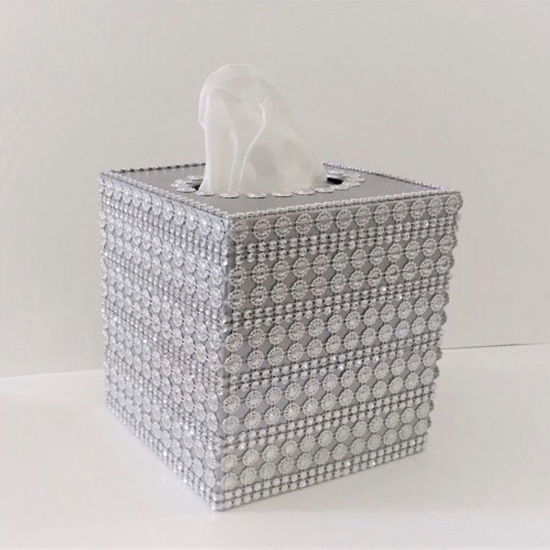 Bling Jeweled Flower & Diamond Wrap Tissue Box Cover-Handpainted w/Sparkling Silver Circle Flower Shaped Diamond Wrap