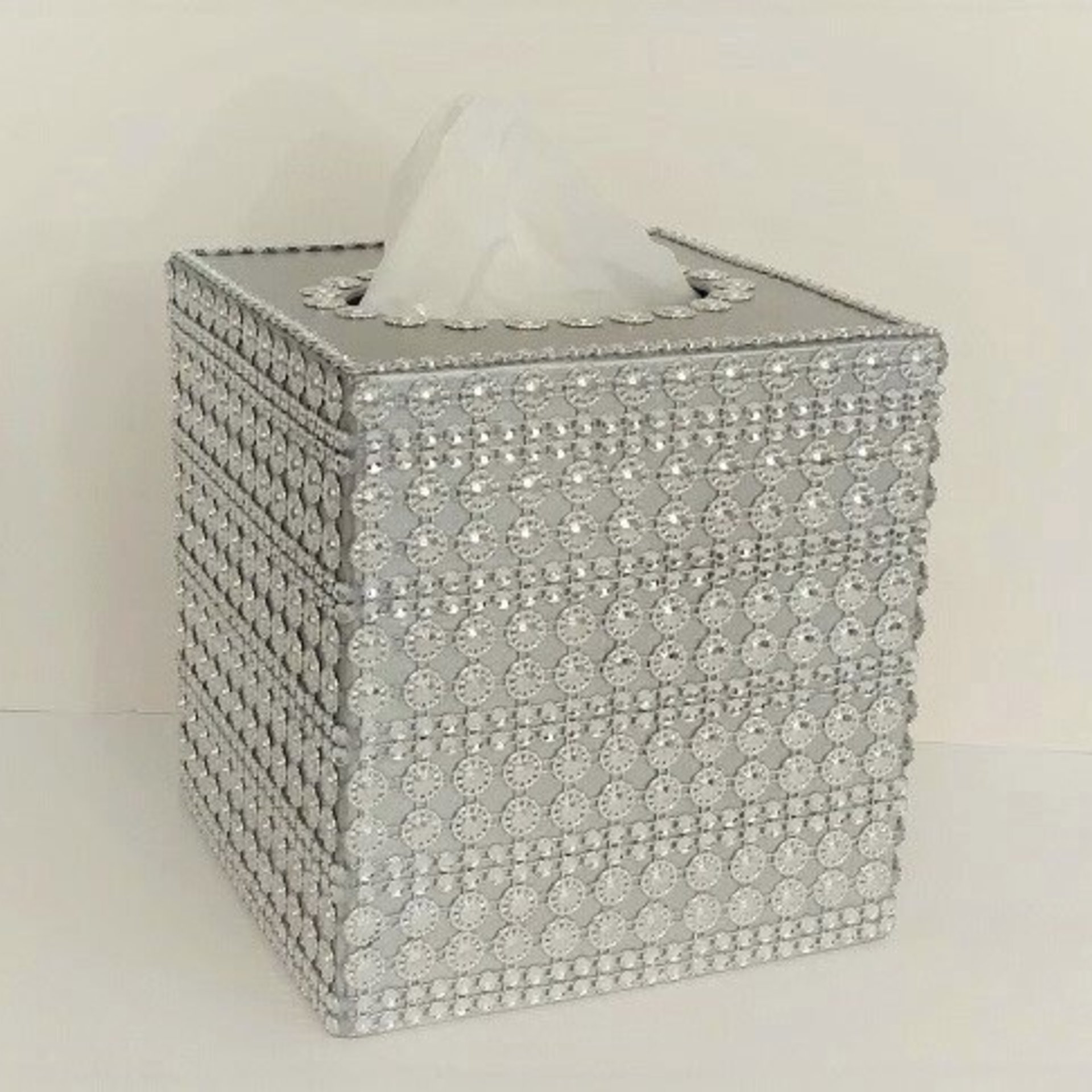 Bling Jeweled Flower & Diamond Wrap Tissue Box Cover-Handpainted w/Sparkling Silver Circle Flower Shaped Diamond Wrap