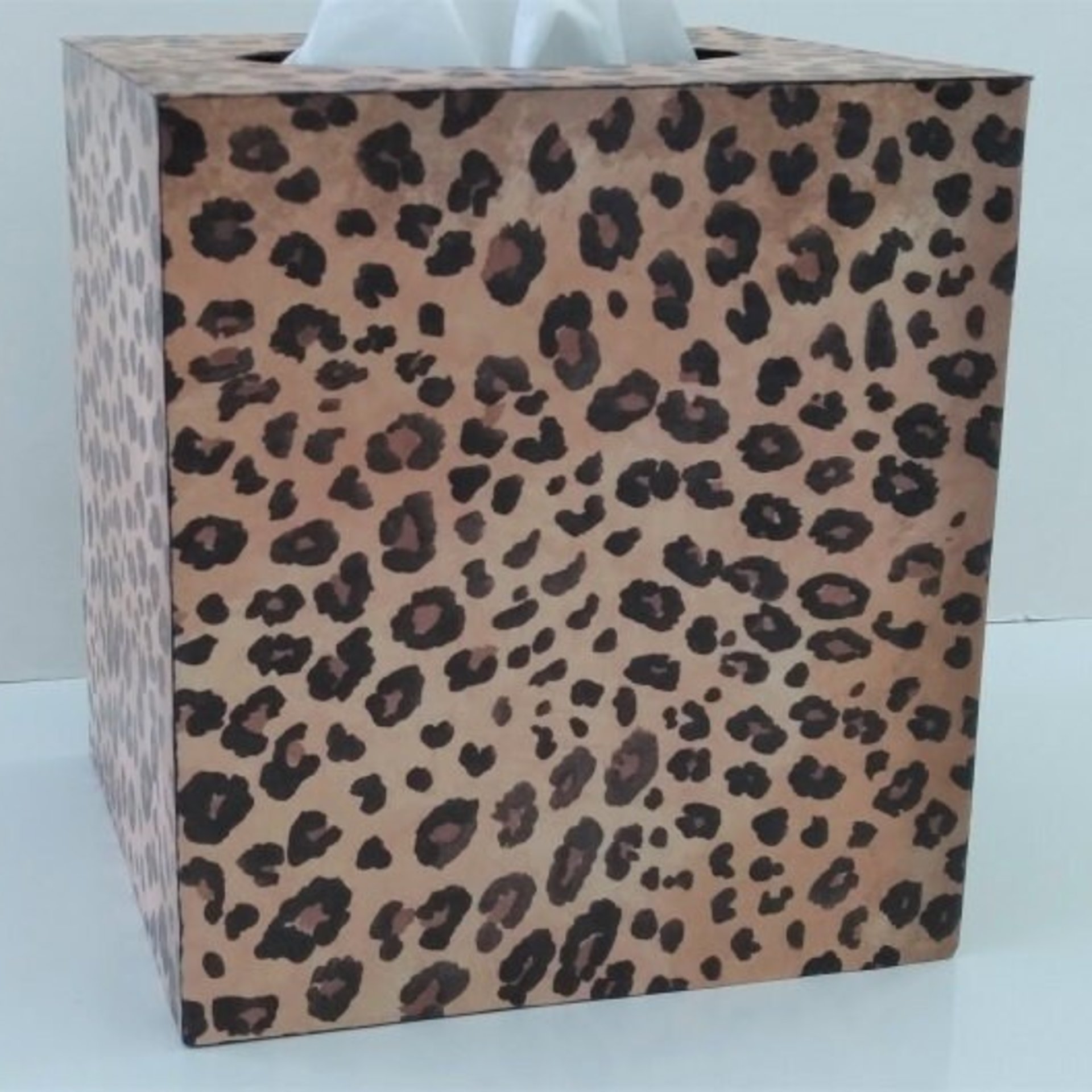 Leopard Tissue Box Cover - Decoupage Wood Tissue Holder in Decorative Animal Print 