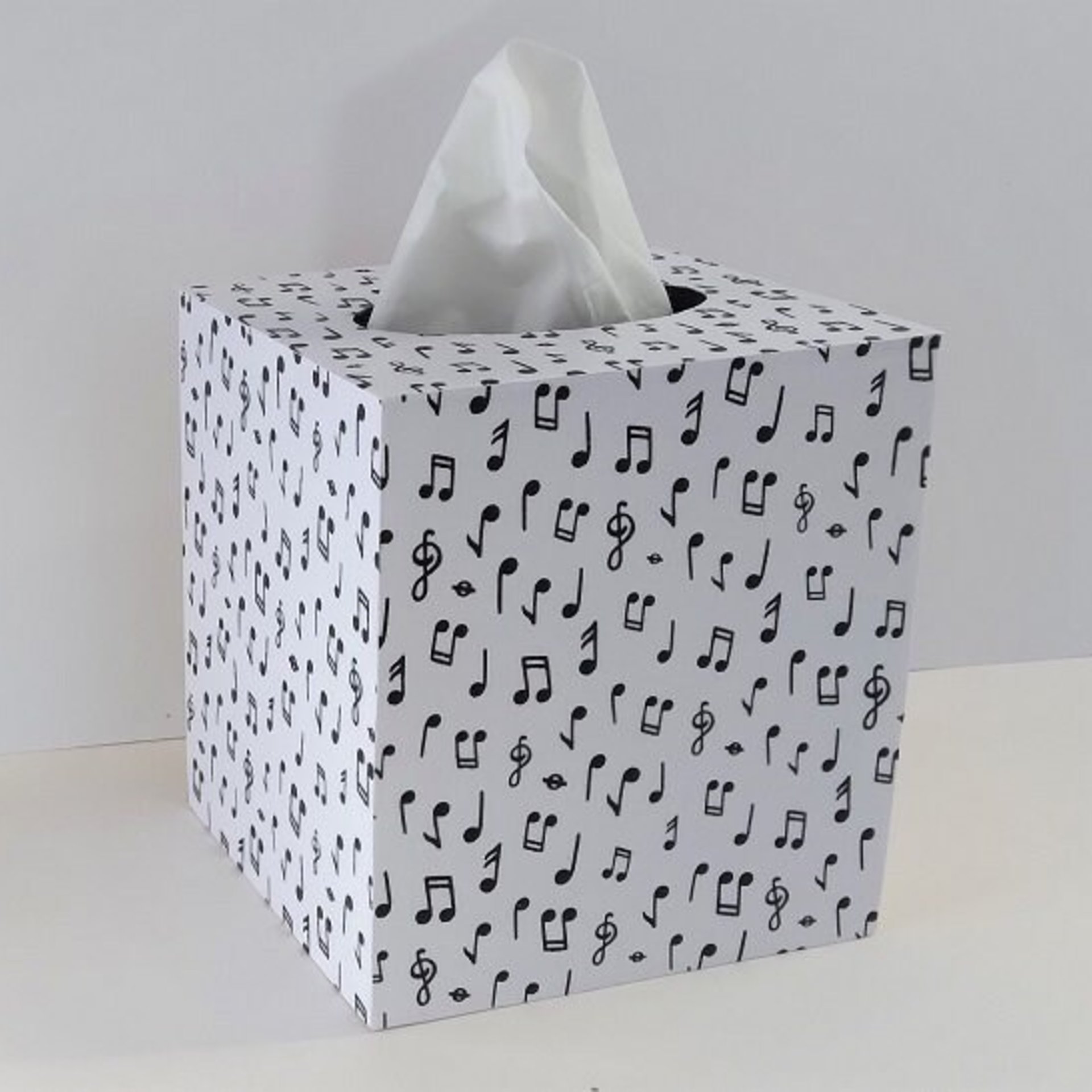 Musical Notes Tissue Box Cover - Black and White Decoupage Square Wood Tissue Holder