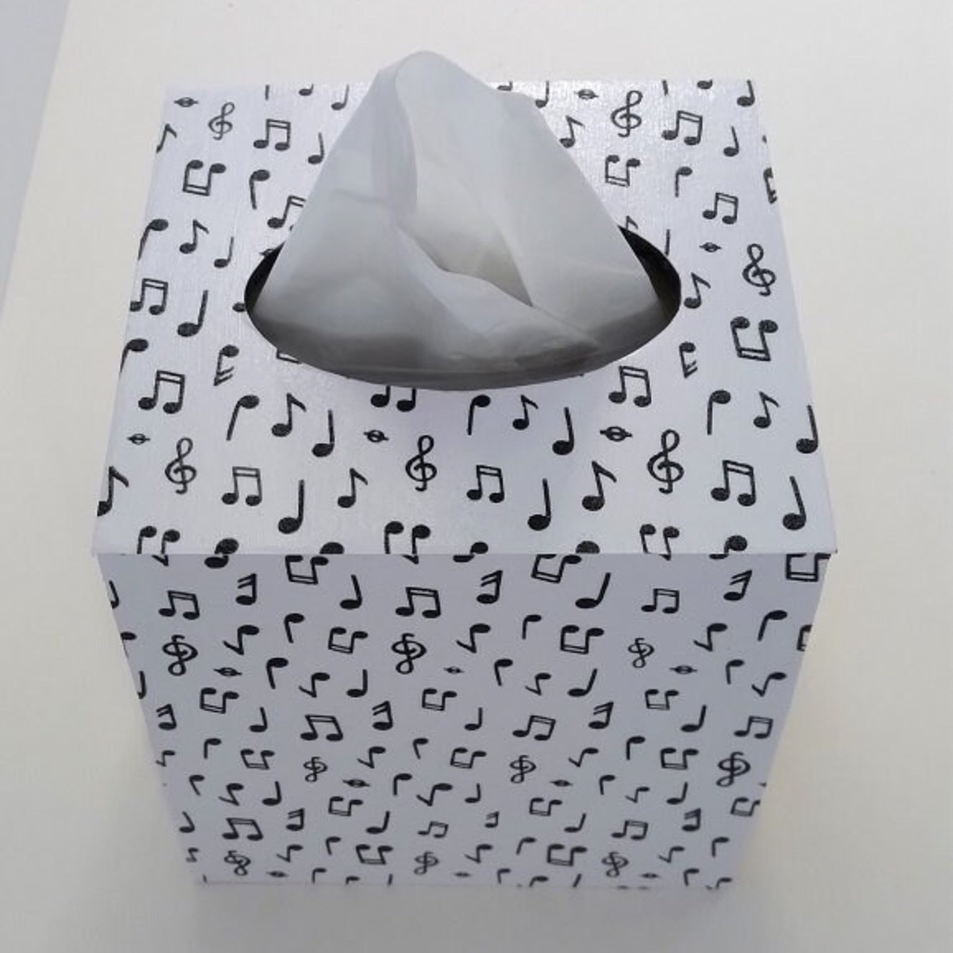 Musical Notes Tissue Box Cover - Black and White Decoupage Square Wood Tissue Holder