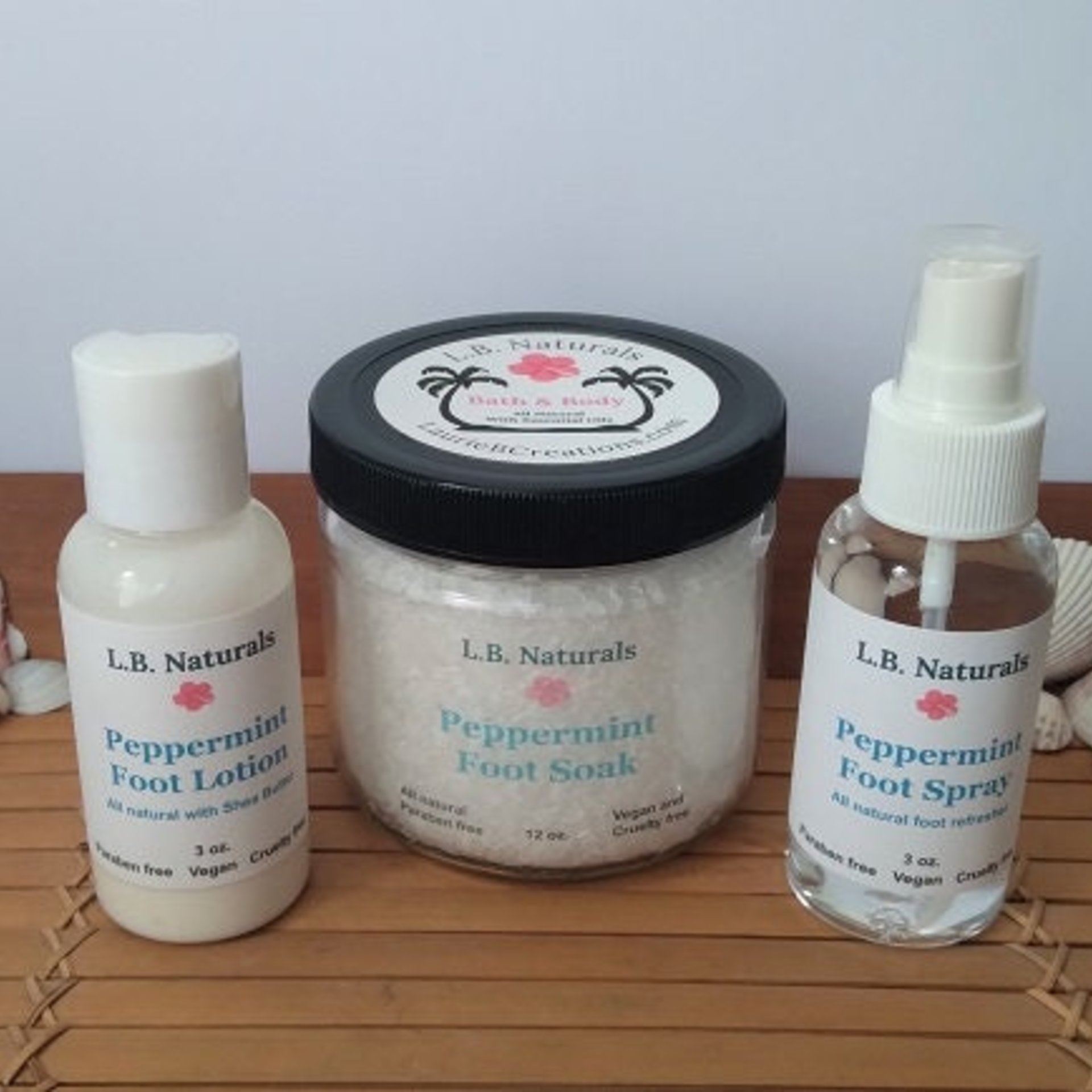 Natural Peppermint Gift Set w/ Foot Soak, Refresher Spray, Lotion and Keepsake Seashell Scoop