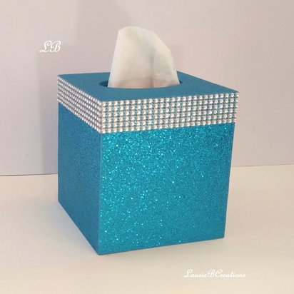 Glitter & Diamond Wrap Tissue Box Cover-Aqua blue fine glitter or a variety of colors-w/silver diamond wrap rhinestone bling