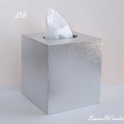 Metallic Silver Tissue Box Cover -Lychee Textured Vinyl Square Tissue Holder, Faux Leather 