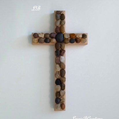River Rock Wall Cross - Handpainted Beige Wood Cross with River Rock Pebbles - 8" natural stone cross