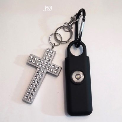 Bling Cross & Alarm Keychain Safety Set -130 decibel personal safety alarm w/strobe light and handmade diamond wrap bling cross