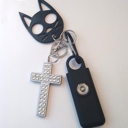 Bling Cross Keychain Safety Set -130 decibel personal alarm w/strobe light, self defense cat and handmade bling cross   