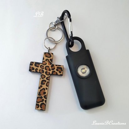 Cheetah Cross & Alarm Keychain Safety Set-130 Decibel Alarm w/ Strobe Light and Handmade Cheetah/Leopard Cross or Purse Charm