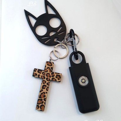 Cheetah Cross Keychain Safety Set -130 decibel personal alarm w/strobe light, self defense cat and handmade cheetah/leopard cross or purse charm