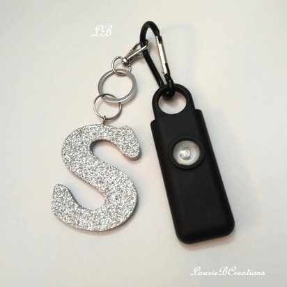 Glitter Letter & Alarm Safety Keychain Set -130 decibel alarm w/350 lumen strobe light and glitter initial/letter or purse charm