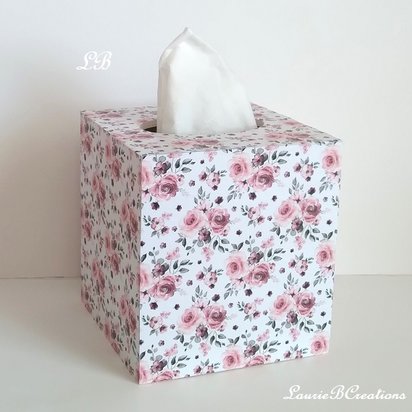 Pink Rose Floral Tissue Box Cover - Decoupage white with small roses and leaves in watercolor style print