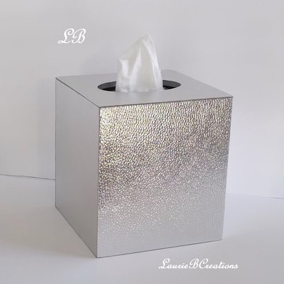 Metallic Silver Tissue Box Cover - Textured vinyl square tissue holder, faux leather 