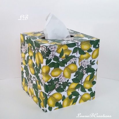Lemon Tissue Box Cover - Decoupage with yellow lemons, green leaves and blooms on white background