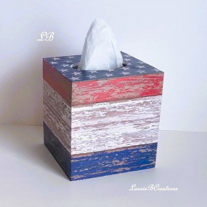 Patriotic Tissue Box Cover - Decoupage red, white and blue woodgrain design with stars