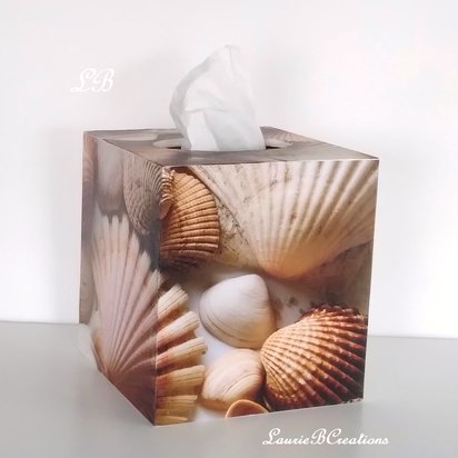 Seashells Tissue Box Cover - Decoupage square tissue holder, coastal beach decor