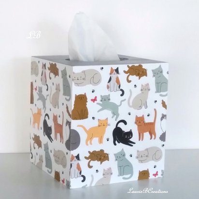 Cat Tissue Box Cover - Decoupage square tissue holder with multi color cats