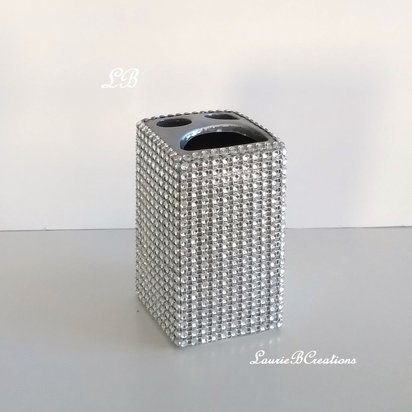 Bling Toothbrush Holder - Sparkling silver diamond wrap ceramic holder - ready to ship sale