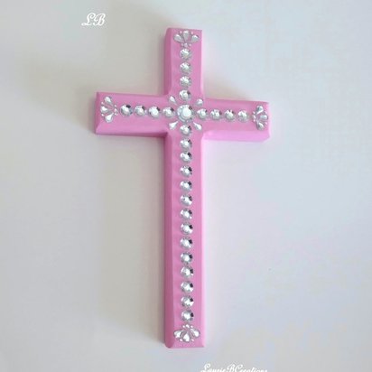 Bling Rhinestone Wall Cross - Handpainted cross with clear round and tear drop shaped rhinestones- 8" x 4.5"
