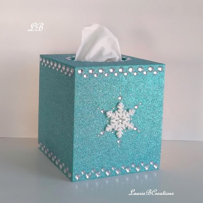 Glitter & Bling Snowflake Tissue Box Cover - Sparkling square tissue holder w/ fine glitter and clear rhinestones