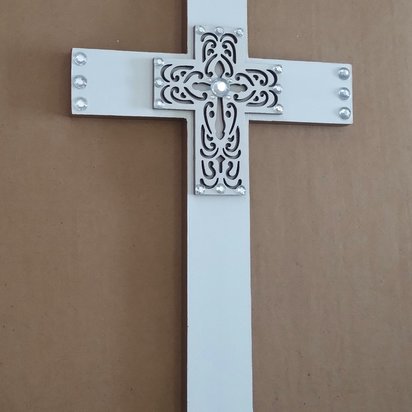 Bling Laser Cut Cross - Handpainted white and light brown w/clear rhinestones - 12" - ready to ship sale