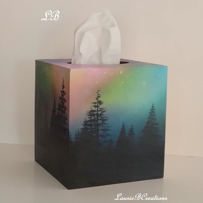 Aurora Borealis Northern Lights Tissue Box Cover - Decoupage square tissue holder with sky and mountain trees