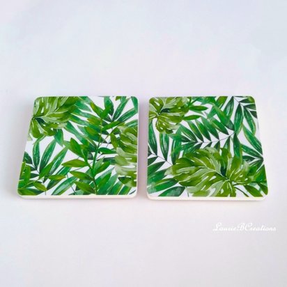 Tropical Leaves Drink Coasters- Green Palm and Monstera leaves on white background- Set of 2 or 4 