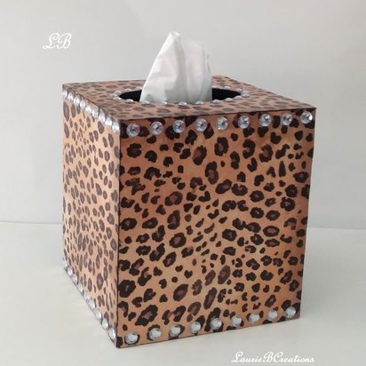 Animal Print & Bling Tissue Box Cover - Decoupage Tissue Holder with Cheetah/Leopard Design and Clear Rhinestones 