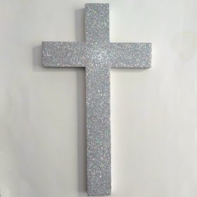 Iridescent Silver Glitter Wall Cross- Decorative fine glitter cross, 9.5" or 12"
