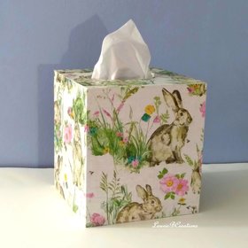 Floral Bunny Tissue Box Cover - Decoupage pastel flowers and vintage rabbit on linen design