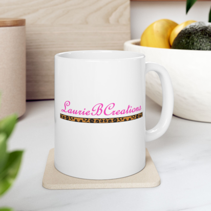 LaurieBCreations Ceramic Mug  - 11 oz. white with pink and animal print 