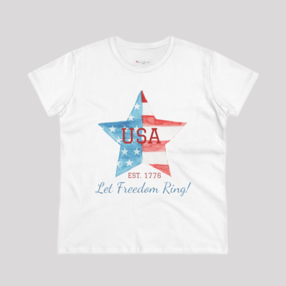 Let Freedom Ring - women's patriotic soft cotton tee, red white and blue