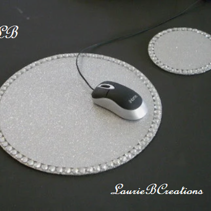 Glitter & Bling Mousepad Coaster Set - Sparkling Fine Glitter w/Clear Rhinestones