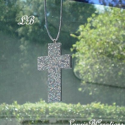 Glitter Car Cross For Rearview Mirror - Super Sparkling Silver Octagon/Prisma Glitter w/ Metallic Silver Cord