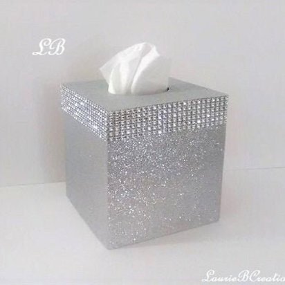 Silver Glitter & Diamond Wrap Tissue Box Cover-Fine Glitter-w/Silver Diamond Wrap Bling