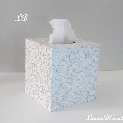 White & Silver Swirl Tissue Box Cover-White w/Sparkling Silver Glitter Swirls,Square Tissue Holder