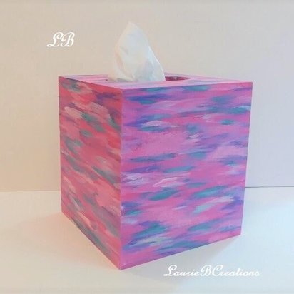 Abstract Tissue Box Cover - Original Handpainted in Shades of Pink,Purple,Teal,One Of A Kind Square Tissue Holder