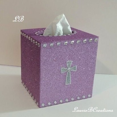 Glitter & Bling CrossTissue Box Cover-Fine Glitter in a Variety of Colors w/ Clear Rhinestones and Silver Glitter Bling Cross