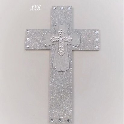 Silver Glitter & Bling Wall Cross - Sparkling Silver Prisma Glitter w/Silver and White Clear Rhinestone Center Crosses - 14" x 9"