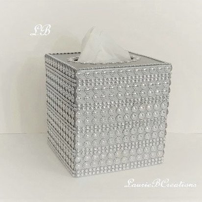 Bling Jeweled Flower & Diamond Wrap Tissue Box Cover-Handpainted w/Sparkling Silver Circle Flower Shaped Diamond Wrap