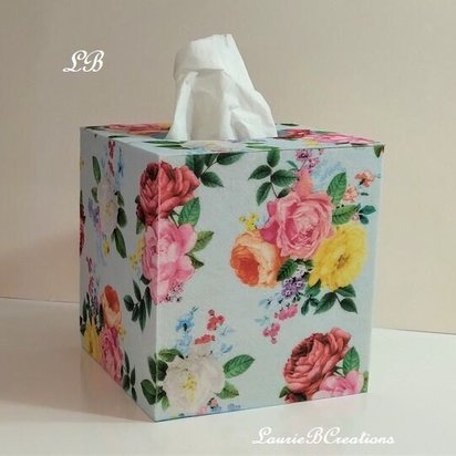Mint Rose Floral Tissue Box Cover - Decorative Felt in Mint w/Rose Print, Square Tissue Holder