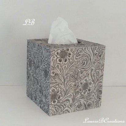 Floral Textured Tissue Box Cover- Embossed vinyl flower and swirl leaf design square tissue holder, home, bath