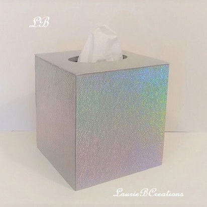 Iridescent Tissue Box Cover-Textured Silver Vinyl Tissue Holder - Bathroom Accessories, Office, Wedding, Home Decor