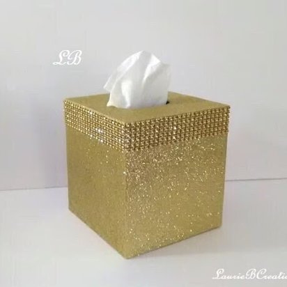 Gold Glitter & Diamond Wrap Tissue Box Cover-Fine Glitter w/Gold Diamond Wrap Bling, Square Tissue Holder