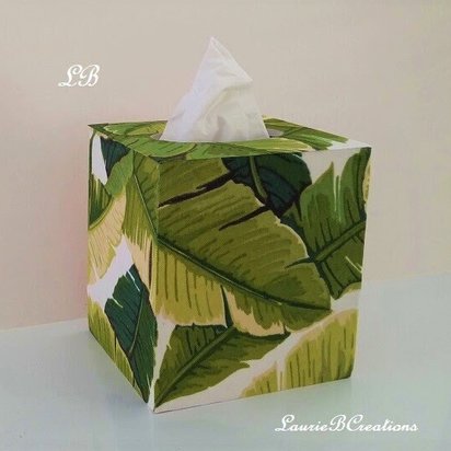 Palm Leaf Tissue Box Cover - Wood Tissue Holder w/Tropical Leaf Print Fabric