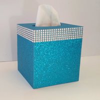 Glitter & Diamond Wrap Tissue Box Cover-Aqua blue fine glitter or a variety of colors-w/silver diamond wrap rhinestone bling