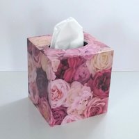Pink Roses Tissue Box Cover - Floral Decoupage Square Tissue Holder
