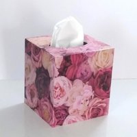 Pink Roses Tissue Box Cover - Floral Decoupage Square Tissue Holder