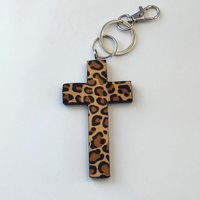 Cheetah Cross Keychain Safety Set -130 decibel personal alarm with strobe light, cat and handmade cheetah/leopard cross or purse charm